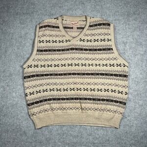 Vintage Woolrich Sweater Vest Mens XL Tan Geometric Knit V-Neck USA Made